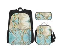 Juego de 3 piezas de mochila ligera ajustable para viajes, senderismo, bolsa de almuerzo aislada y estuche para lápices, estampado de peces oceánicos, Ocean Sea Beach Seashells Starfish Blue, Talla