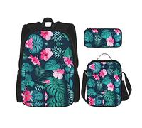 Juego de 3 piezas de viaje para senderismo, ligera, ajustable, bolsa de almuerzo aislada y estuche para lápices, estampado de mansión encantada, Hawaii Pink Flower, Talla única