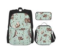 Juego de 3 piezas de viaje para senderismo, ligera, ajustable, bolsa de almuerzo aislada y estuche para lápices, estampado de tortugas y medusas, Nutrias, Talla única