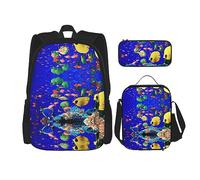 Juego de 3 piezas de viaje para senderismo, ligera, ajustable, bolsa de almuerzo aislada y estuche para lápices, estampado de vida marina azul marino, Peces de mar, Talla única