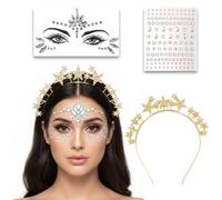 Juego de 3 piezas: diadema de estrellas + gemas faciales y piedras brillantes - halo tocado para mujer y niña - Diosa y Ángel Accesorios para carnaval, festival, Nochevieja y boda (A)