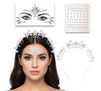 Juego de 3 piezas: diadema de estrellas + gemas faciales y piedras brillantes - halo tocado para mujeres y niñas - Diosa y Ángel Accesorios para carnaval, festival, Nochevieja y boda (B)