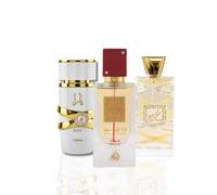 Juego de 3 piezas Lattafa para unisex (3.4 Oz Musk Mood Eau De Parfum Spray + 2.0 Oz Ana Abiyedh Rouge Eau De Parfum Spray + 3.4 Oz Yara Moi Eau
