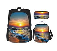 Juego de 3 piezas Mochila Tropical Colorido Últimas Luces de Sol del Día Sobre el Mar Olas Reflexiones Tropics Imagen Libro Bolsa T, color, 5.0cm*10.5cm*20.5cm, Estuche para lápices