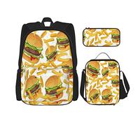 Juego de 3 piezas Mochilas Hamburguesa Papas fritas Ropa de cama Hamburguesa gigante en 3D Diversión Comida rápida Colchas creativas Bolsa de libros Viaje Trabajo Bolso escolar Estuche de lápices Bo