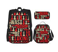 Juego de 3 piezas Mochilas Juego de ajedrez Jugar I Was Born To Be King Book Bag Travel Camping Work School Bag Estuche de lápices Combinación de bolsa de almuerzo para hombres Mujeres Niños Niñas T