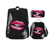 Juego de 3 piezas Mochilas Labios Diamante Brillante Diseño de lujo Bolsa de libros Viaje Camping Trabajo Escuela Bolsa Estuche de lápices Bolsa de almuerzo Combinación para hombres Mujeres Niños Ni