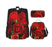 Juego de 3 piezas para viajes, senderismo, ligera, ajustable, bolsa de almuerzo aislada y estuche para lápices, rosa roja y vino románticos amantes (1) impresión, Rosa roja floral, Talla única
