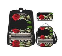 Juego de 3 piezas para viajes, senderismo, ligera, ajustable, bolsa de almuerzo aislada y estuche para lápices, rosa roja y vino románticos amantes (1) impresión, Rosa roja en piano, Talla única