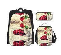Juego de 3 piezas para viajes, senderismo, ligero, ajustable, bolsa de almuerzo aislada y estuche para lápices, rosa roja y vino románticos amantes (1) impresión, Flores de rosas rojas, Talla única