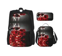 Juego de 3 piezas para viajes, senderismo, ligero, ajustable, bolsa de almuerzo aislada y estuche para lápices, rosa roja y vino románticos amantes (1) impresión, Red Rose and Wine Romantic Lovers,