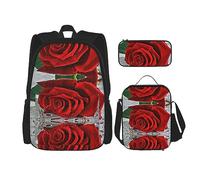 Juego de 3 piezas para viajes, senderismo, ligero, ajustable, bolsa de almuerzo aislada y estuche para lápices, rosa roja y vino románticos amantes (1) impresión, Flor de rosa roja, Talla única