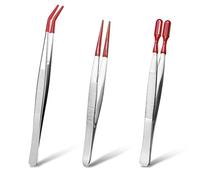 Juego de 3 pinzas con puntas de goma, pinzas de acero inoxidable con punta de goma dobladas planas y puntiagudas, pinzas de precisión para joyería, manualidades, electrónica y uso en laboratorio