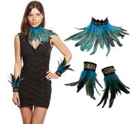 Juego de 3 plumas góticas encogiéndose de hombros con puños de pluma, cuello de pluma, cuervo, bruja, sacerdotisa, disfraz de pluma de gallo, pulseras, falda de plumas, disfraz, gargantilla, cuello