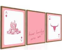 Juego de 3 pósteres artísticos de pared occidentales sin marco, decoración de pared de vaquero del suroeste, calavera de toro de cuerno largo rosa y How Lucky are We para dormitorio, sala de estar, 8