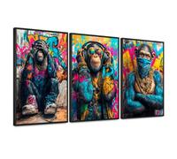 Juego de 3 pósteres de monos - No ver nada, oír, decir - Arte de la calle Pop Art Pop Art - Graffiti imágenes con estilo - Decoración divertida para salón, oficina o habitación juvenil (DinA1)