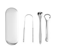 Juego de 3 rascadores de lengua de acero inoxidable, te ayudan a mantener el aliento fresco y mejorar la higiene bucal. Satisface diferentes necesidades, viene en una caja de metal portátil. Fácil de