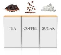 Juego de 3 recipientes cuadrados de metal para té, café y azúcar, con tapa de bambú hermética, lata decorativa de almacenamiento de alimentos para tu té favorito, azúcar, café (blanco)