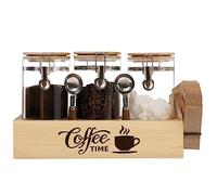 Juego de 3 recipientes de café de vidrio con estante y cucharas, recipientes de café para almacenamiento de granos de café molido, sello hermético, accesorios de barra de café, soporte de filtro de