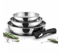 Juego de 3 sartenes de acero inoxidable 18/10 con mango extraíble - Sin PFAS, sin PTFE, sin PFOA - Compatible con inducción, horno y lavavajillas - Estufas apilables 20/24/28 cm - Cocina natural