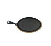 Juego de 3 sartenes ovaladas de hierro fundido Teppanyaki con base de madera para carne, barbacoa, mariscos, cocina, cocina, 27,7 x 17,3 cm, sartén presazonada negra para parrillas eléctricas de