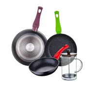 Juego de 3 sartenes san ignacio 18/22/26 cm+cafetera de émbolo de vidrio borosilicato 15,8x10x18,8cm