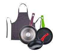 Juego de 3 sartenes san ignacio 18/22/26 cm+delantal de cocina gris oscuro 100% algodón 75x80cm