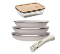 Juego de 3 sartenes San Ignacio Ø18Ø20Ø24cm aluminio prensado, antiadherente con mango extraíble+Hermético de 650ml en vidrio de borosilicato