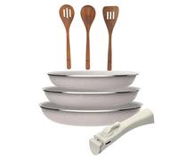 Juego de 3 sartenes San Ignacio Ø18Ø20Ø24cm aluminio prensado, antiadherente con mango extraíble+Set 3pc utensilios cocina madera acacia