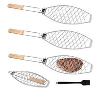 Juego de 3 soportes para barbacoa de pescado con mango de madera, 63 x 12 cm, asador de pescado grande con mango de metal, soporte para pescado, espátula, pinzas para barbacoa y barbacoa