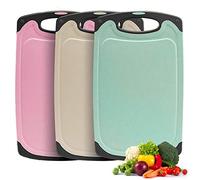 Juego de 3 tablas de cortar de paja de trigo para cocina, sin BPA, con ranuras para jugo, fáciles de agarrar, agujeros colgantes, apta para lavavajillas (beige, verde y rosa)
