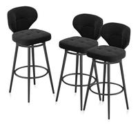Juego de 3 taburetes de bar giratorios de terciopelo negro tapizados con respaldo para cocina, isla de comedor y bar, 65 cm de alto