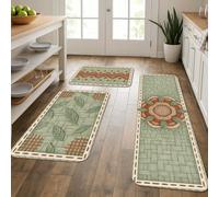 Juego de 3 tapetes de cocina de girasol, diseño de hojas rústicas naturales, color verde primavera, lavables, cómodos, decorativos, para fregadero, lavandería, entrada, baño