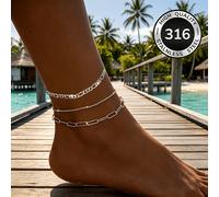 Juego de 3 tobilleras combinadas de acero inoxidable 316, tobillera impermeable de playa para vacaciones , adecuada para banquetes diarios, fiestas y citas