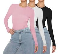 Juego de 3 tops descontratados para mujer, top bodycon para mujer, camisetas ajustadas de manga larga, tops básicos, color sólido, camisetas, cómodas y transpirables, rosa, S