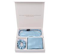 Juego de 3 Uds de Lujo de Seda de Morera 100%, Funda de Almohada, MáScara para Ojos Scrunchie Juego de Ropa de Cama de Seda Premium Caja de Regalo Con Bolsa de Mano(Gray Blue)