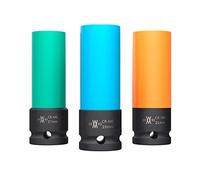 Juego de 3 vasos de impacto con protectores para llantas de aluminio de 17mm, 19mm, 21mm para atornillador de impacto WIESEMANN 1893 | Vasos de impacto de 0,5" con protectores y maletín I 80058