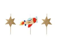 Juego de 3 velas de cumpleaños con diseño de avión, 4,5 - 5 cm, color azul, rojo y dorado