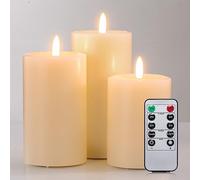 Juego de 3 velas realistas de cera real, sin llama, con mecha 3D, color marfil, con control remoto, tamaño D: 7,6 x 10,2 cm, 12,7 cm, 15,2 cm, temporizador 2H, 4H, 6H, 8H, parpadeante, regulador