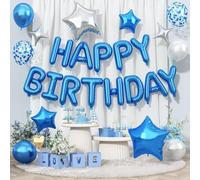 Juego de 30 globos azules de feliz cumpleaños con estrella plateada y confeti, 30 globos reutilizables de papel de aluminio de Mylar y látex para fiestas, paredes y ventanas, decoración interior y
