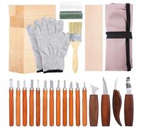 Juego de 30 herramientas para tallar madera para principiantes y profesionales, juego de herramientas de grabado a mano, con 8 bloques de madera sin tratar, cúter, cera pulidora, piedra de afilar y