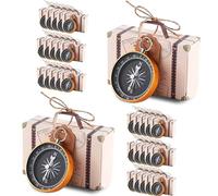 Juego de 30 minibrújulas + mini maletas de caramelos creativas para invitados con etiquetas de papel kraft y cuerda de yute, decoración para fiestas temáticas de viajes