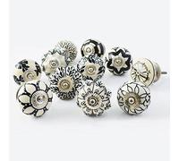 Juego de 30 pomos de cerámica pintados a mano con diseño de calabaza y pomos redondos, color blanco y negro