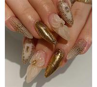 Juego de 30 uñas postizas elegantes con cuentas degradadas, diseño brillante de flores 3D, ABS, seguro, ajuste cómodo, uñas artificiales a presión