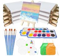 Juego de 32 mini lienzo y caballete de XingyLi 8 pequeños lienzos con 8 caballetes triangulares de artistas, 8 pinceles, 4 paletas de mezcla, 2 delantales de pintura y 2 colores de acuarela, soporte