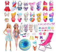 Juego de 32 trajes de baño de playa, 5 trajes de baño, bikini, 1 falda, chaqueta de gasa de colores, anillo de natación, silla de playa, juego de herramientas de rescate, 2 mini animales de resina, 16