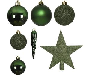 Juego de 33 unidades, bolas para árbol de Navidad con estrella, de plástico, irrompibles, verde oscuro