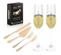 Juego de 4/6 paletas para tartas de acero inoxidable, cuchillo para tartas de boda con juego de copas de Hampagner, incluye 2 copas de champán, 1 espátula para tartas, 2 tenedores y 1 cuchillo de