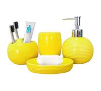 Juego de 4 Accesorios de baño Amarillos: dispensador de jabón de cerámica Vibrante con portacepillos, jabonera y Vaso, Juego Completo de portacepillos