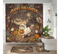 Juego de 4 accesorios de baño de gato siberiano de Halloween con alfombra antideslizante, en forma de U y cubierta de tapa de inodoro, decoración rústica de calabaza de terror, 72 x 72 pulgadas